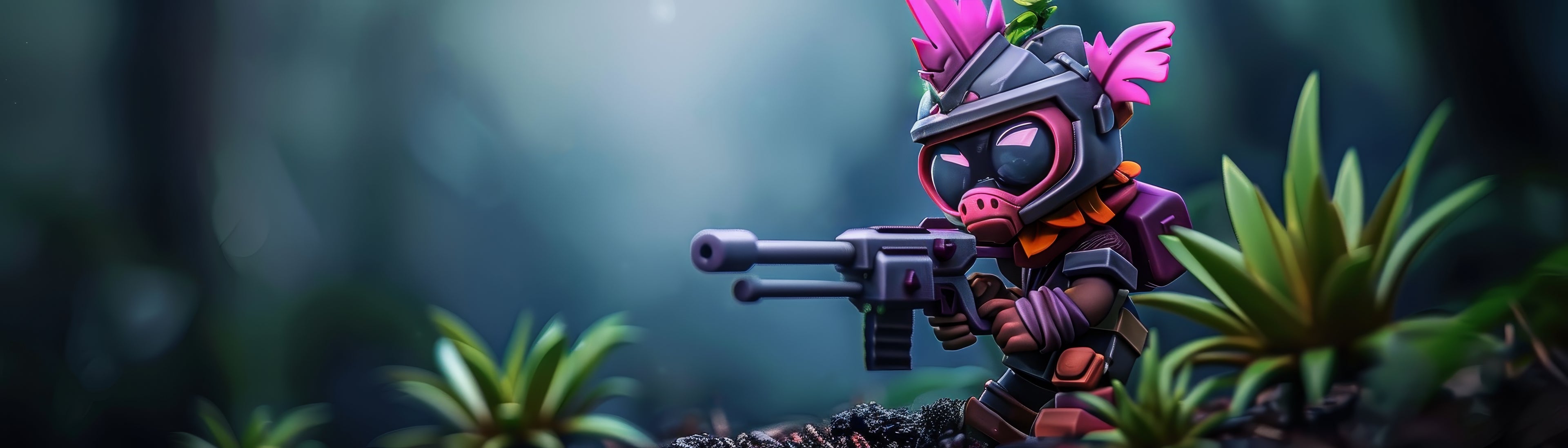 Toy figure with a weapon in a forest setting